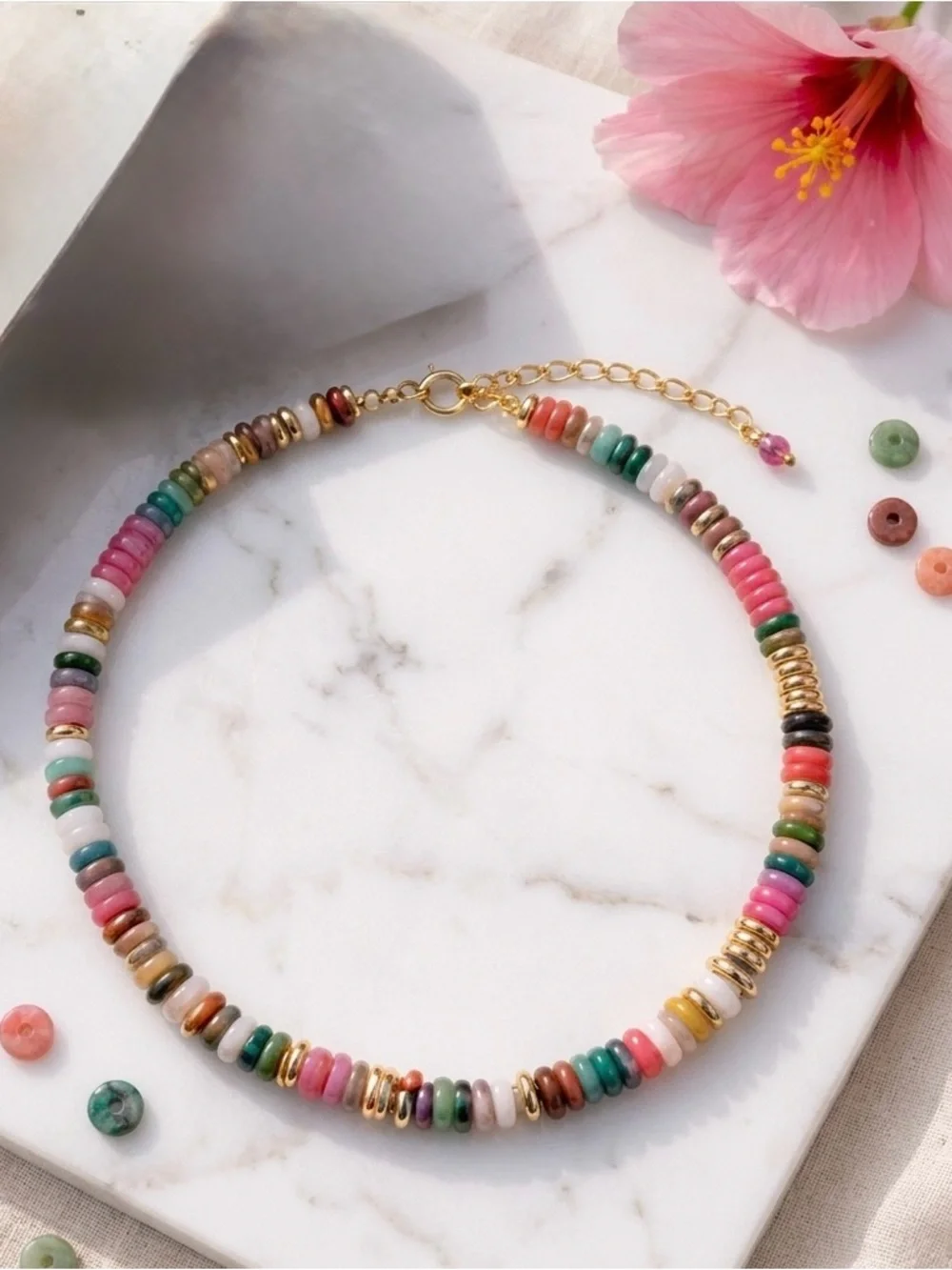Kissyan Natural Gemstone Heishi Choker Necklace Colorful Boho NIB Gift